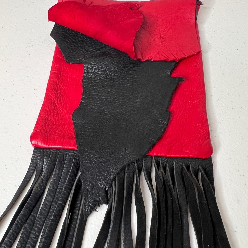 Red Black Raw EdgeLeather W/Fringe Hip Clip On Belt Bag Cell Phone Biker Chic - Picture 2 of 12
